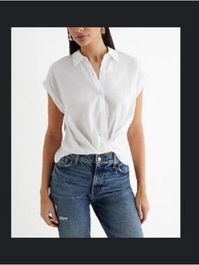 Express White Twist-Front Button Down Blouse